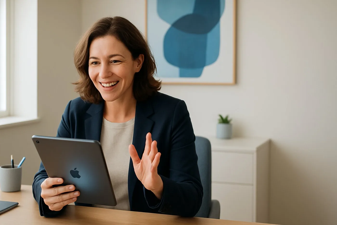 A GP taking part in a video case conference from her consulting room