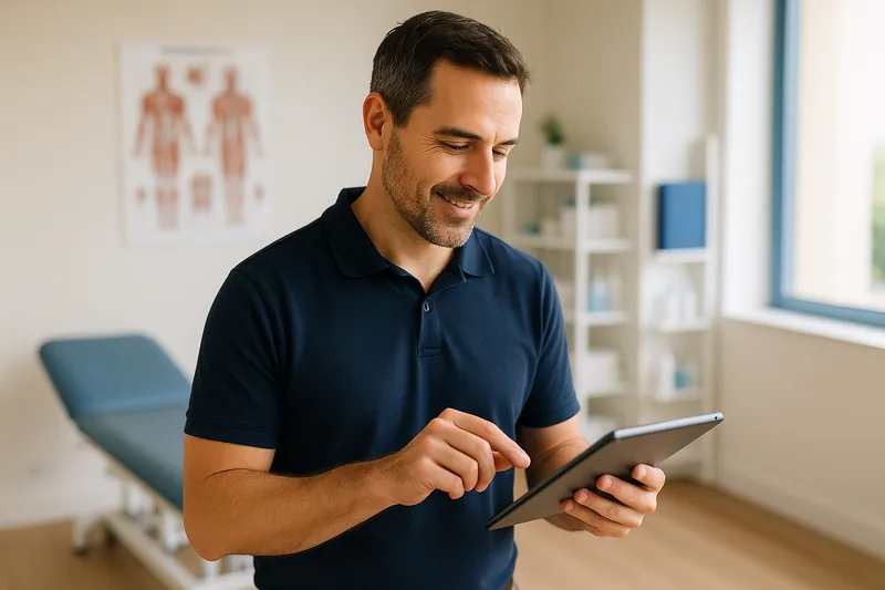 An allied health clinician reviewing patient notes in a treatment room