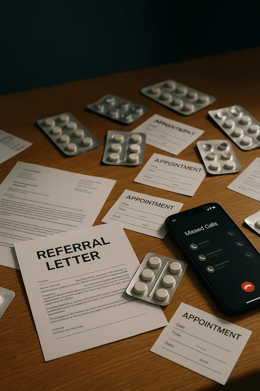 Scattered referral letters and medications