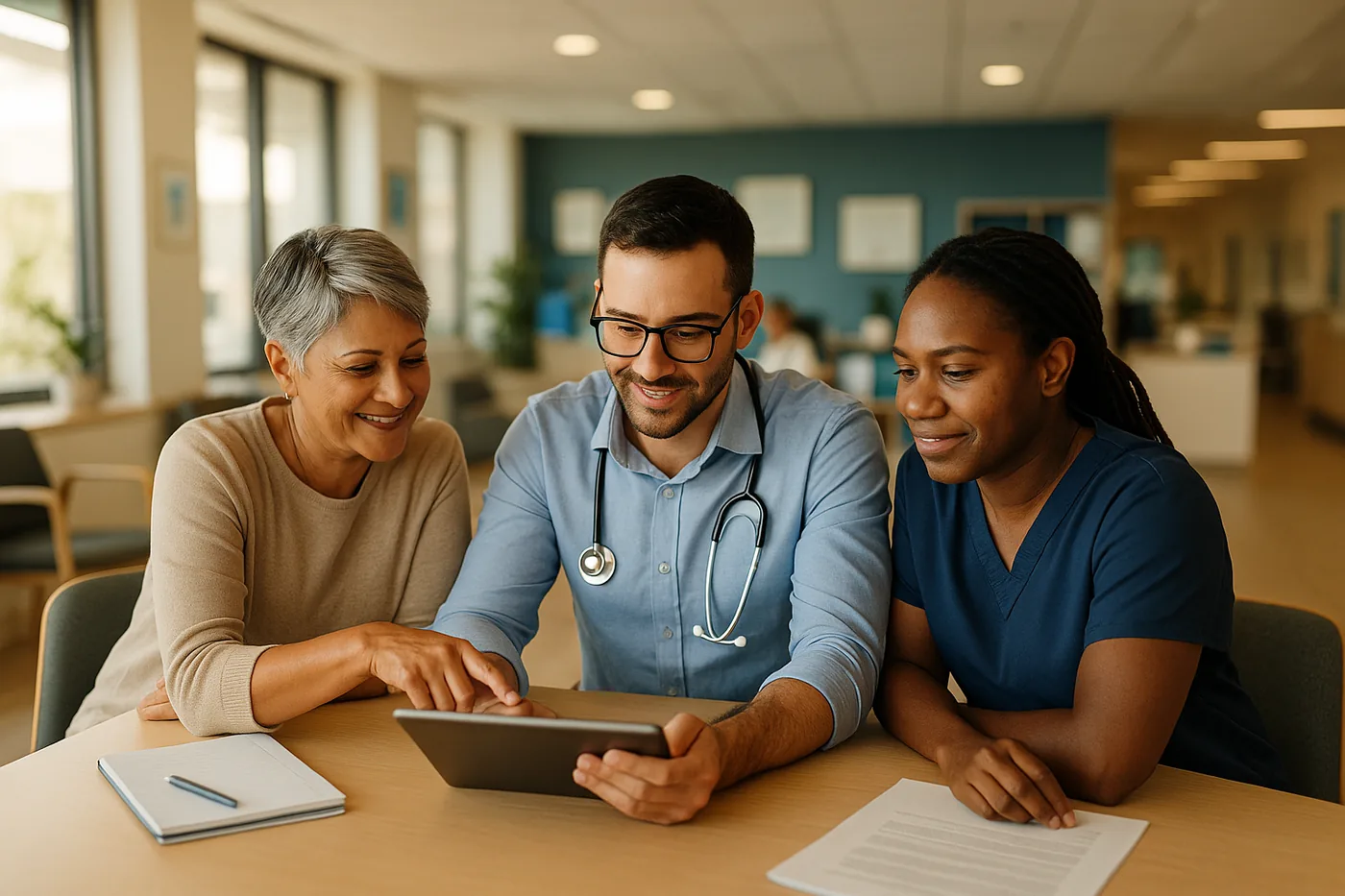 A multidisciplinary healthcare team collaborating around a table